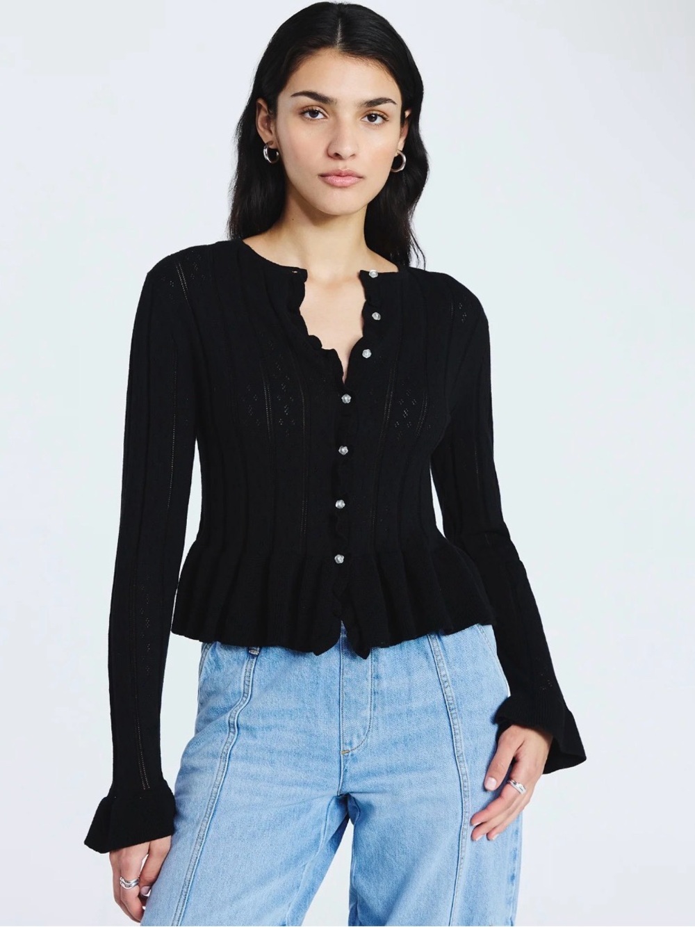 (377)Scoop Women's Peplum Ruffle Cardigan Sweater, Lightweight,
